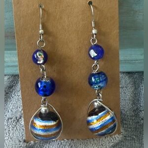Vintage Glass Art Deco Ball Drop Dangle Blue Metallic Earrings
